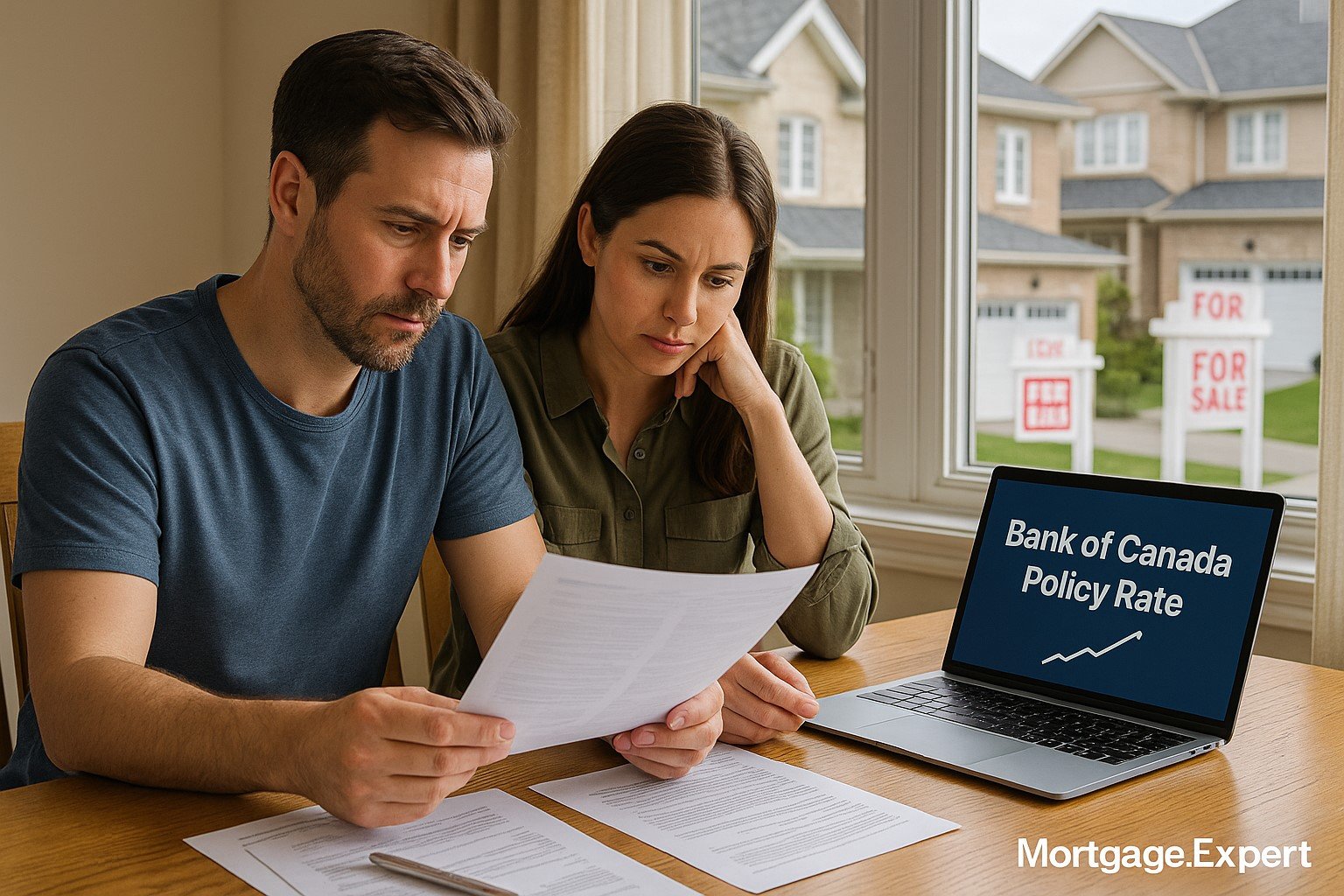 A Canadian couple reviews mortgage papers at their dining table, with a laptop showing Bank of Canada rate updates and suburban homes visible outside the window.