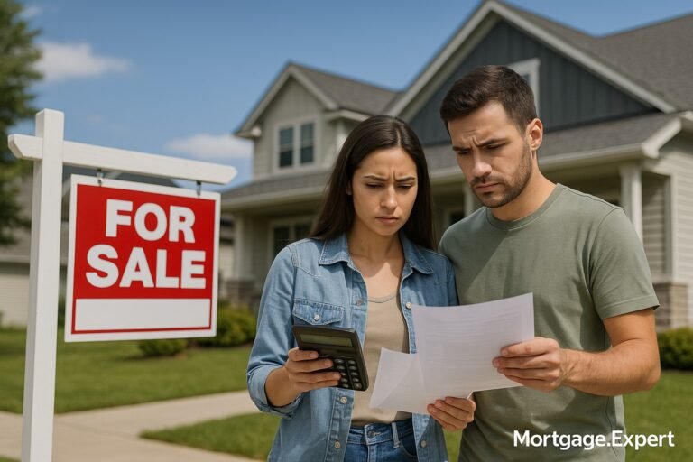 A young Canadian couple stands in front of a suburban house with a “For Sale” sign, looking concerned while holding a calculator and financial documents.