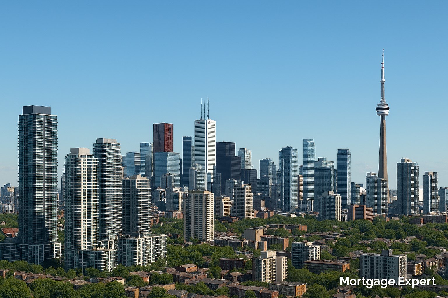 Canadian city skyline with residential and financial buildings under a clear summer sky.