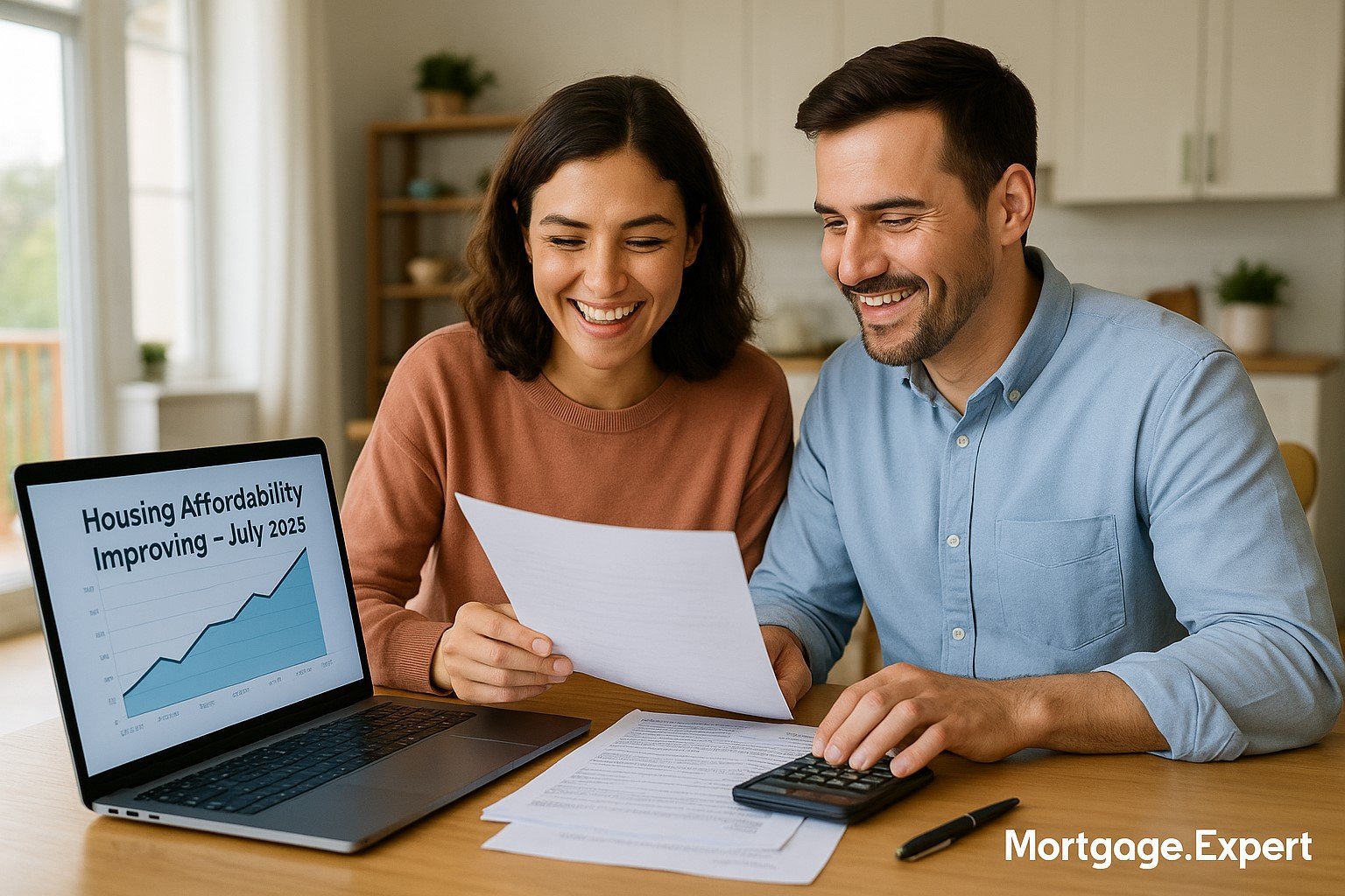 Canadian couple reviewing mortgage documents with laptop chart showing improved housing affordability.