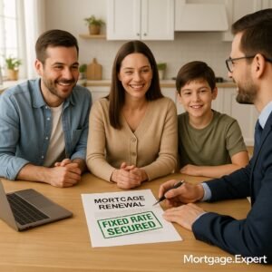 Canadian family reviewing mortgage renewal documents with fixed rate secured.
