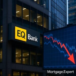 EQB Inc. headquarters in Toronto with a financial chart showing stock decline, reflecting challenges from Canada’s housing slowdown.
