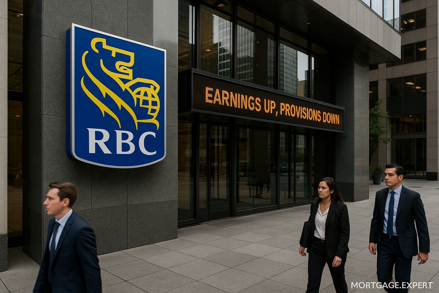 Exterior of the Royal Bank of Canada (RBC) headquarters in downtown Toronto, with business professionals walking past a digital ticker reading “Earnings Up, Provisions Down,” symbolizing strong bank earnings and mortgage market stability.