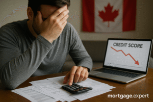 Man reviewing financial documents and calculator with declining credit score graph on laptop, Canadian flag in background, mortgage.expert watermark.