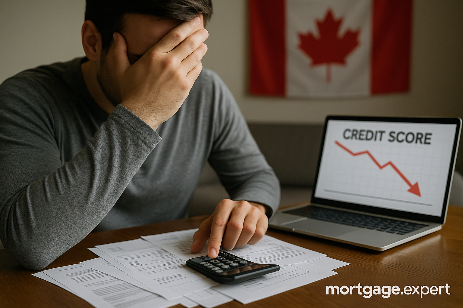 Man reviewing financial documents and calculator with declining credit score graph on laptop, Canadian flag in background, mortgage.expert watermark.
