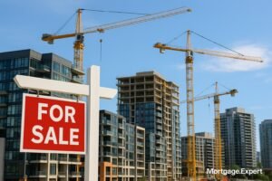 A construction site in downtown Toronto with cranes and mid-rise condos under development, featuring a real estate "For Sale" sign in the foreground. Bright daylight, realistic photo with a "Mortgage.Expert" watermark at the bottom right.