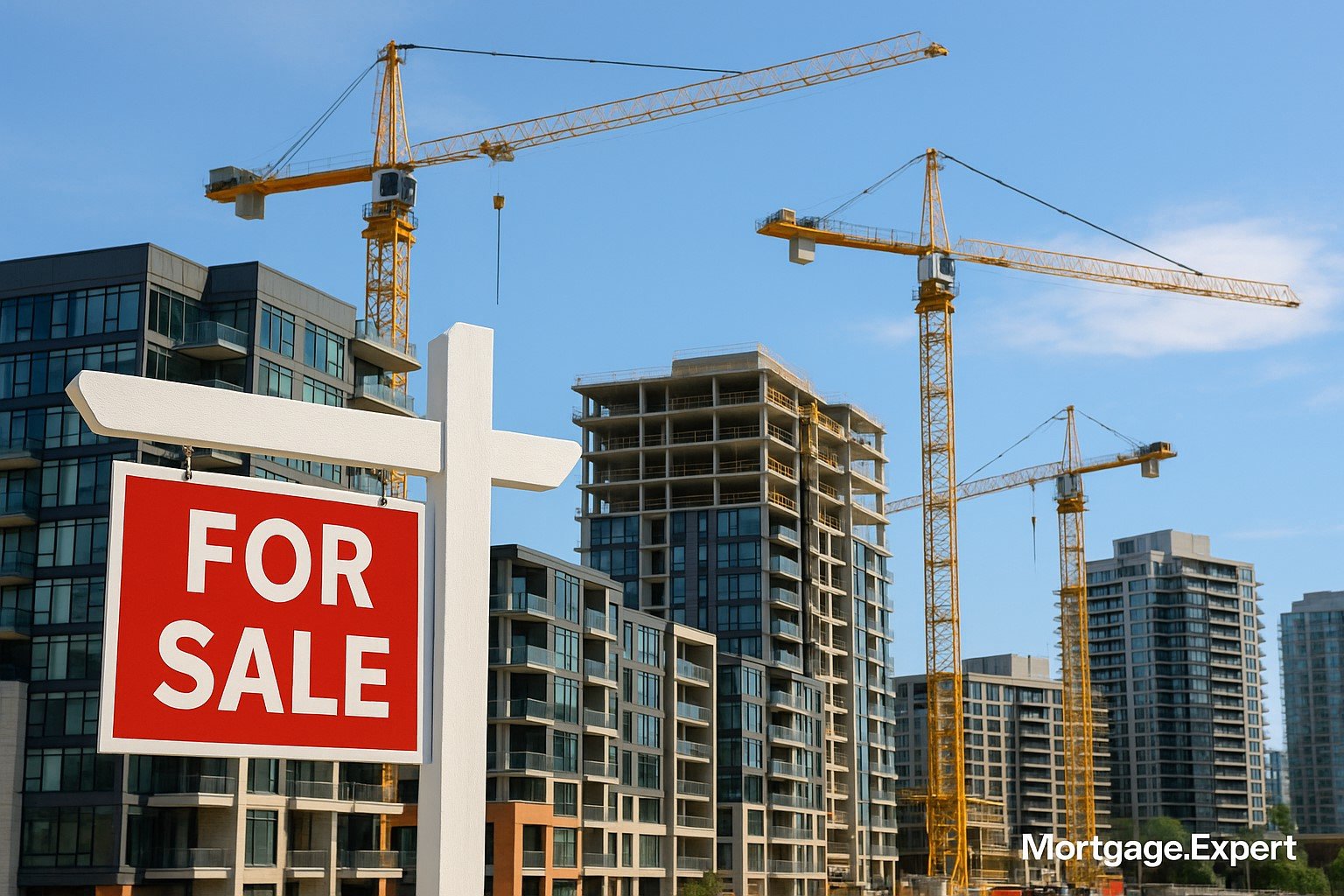 A construction site in downtown Toronto with cranes and mid-rise condos under development, featuring a real estate "For Sale" sign in the foreground. Bright daylight, realistic photo with a "Mortgage.Expert" watermark at the bottom right.