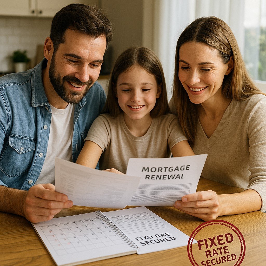 A Canadian family sitting at their kitchen table during daylight, reviewing mortgage renewal documents stamped “Fixed Rate Secured,” with a calendar visible in the background. Cozy home atmosphere, watermark “Mortgage.Expert” at the bottom-right.