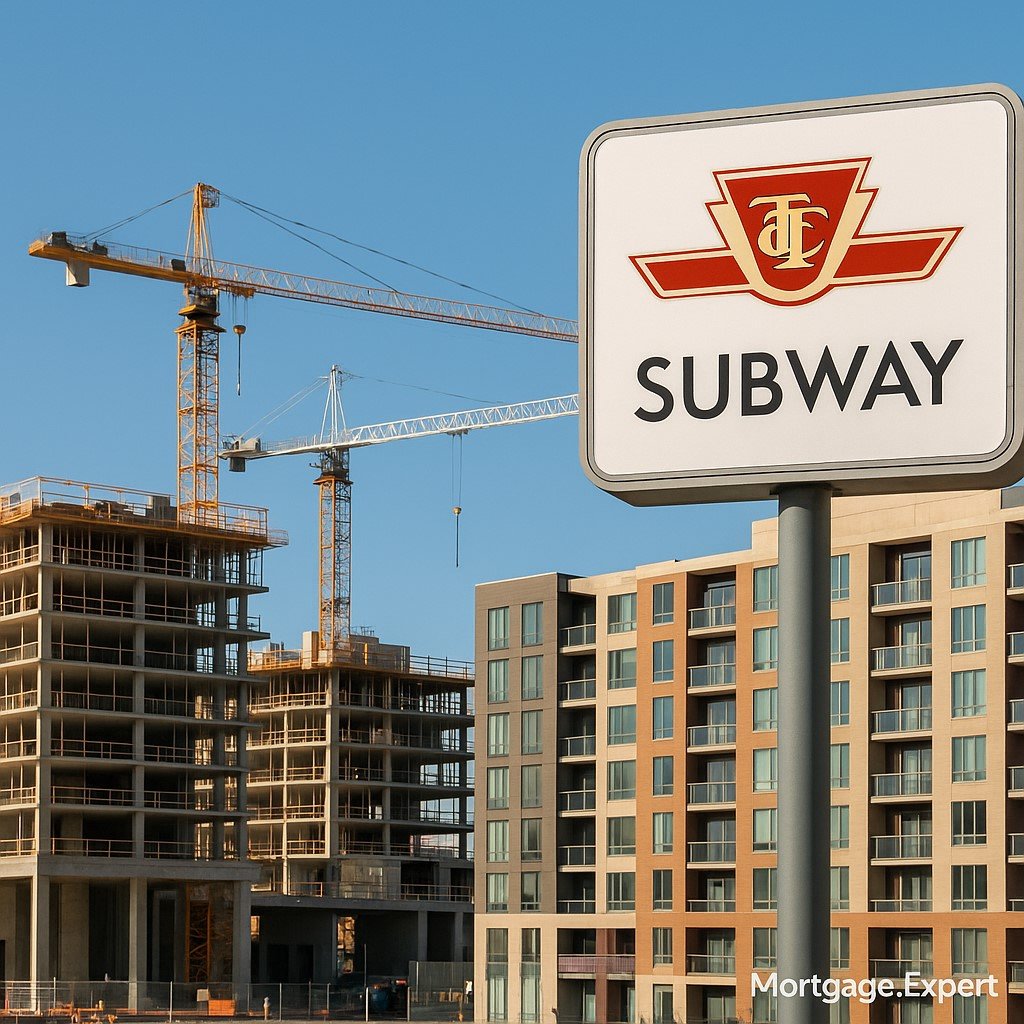 A construction site near a Toronto subway station with cranes and mid-rise residential buildings under development, and a TTC subway sign visible under clear daylight sky.