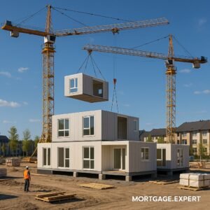 Modular housing units under construction in Canada, with cranes and workers assembling prefabricated sections.