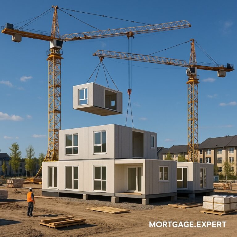 Modular housing units under construction in Canada, with cranes and workers assembling prefabricated sections.