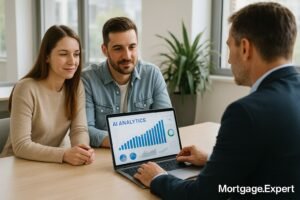 A Canadian couple meets with a mortgage advisor in a modern office. The advisor’s laptop shows AI-driven analytics and rising mortgage graphs.