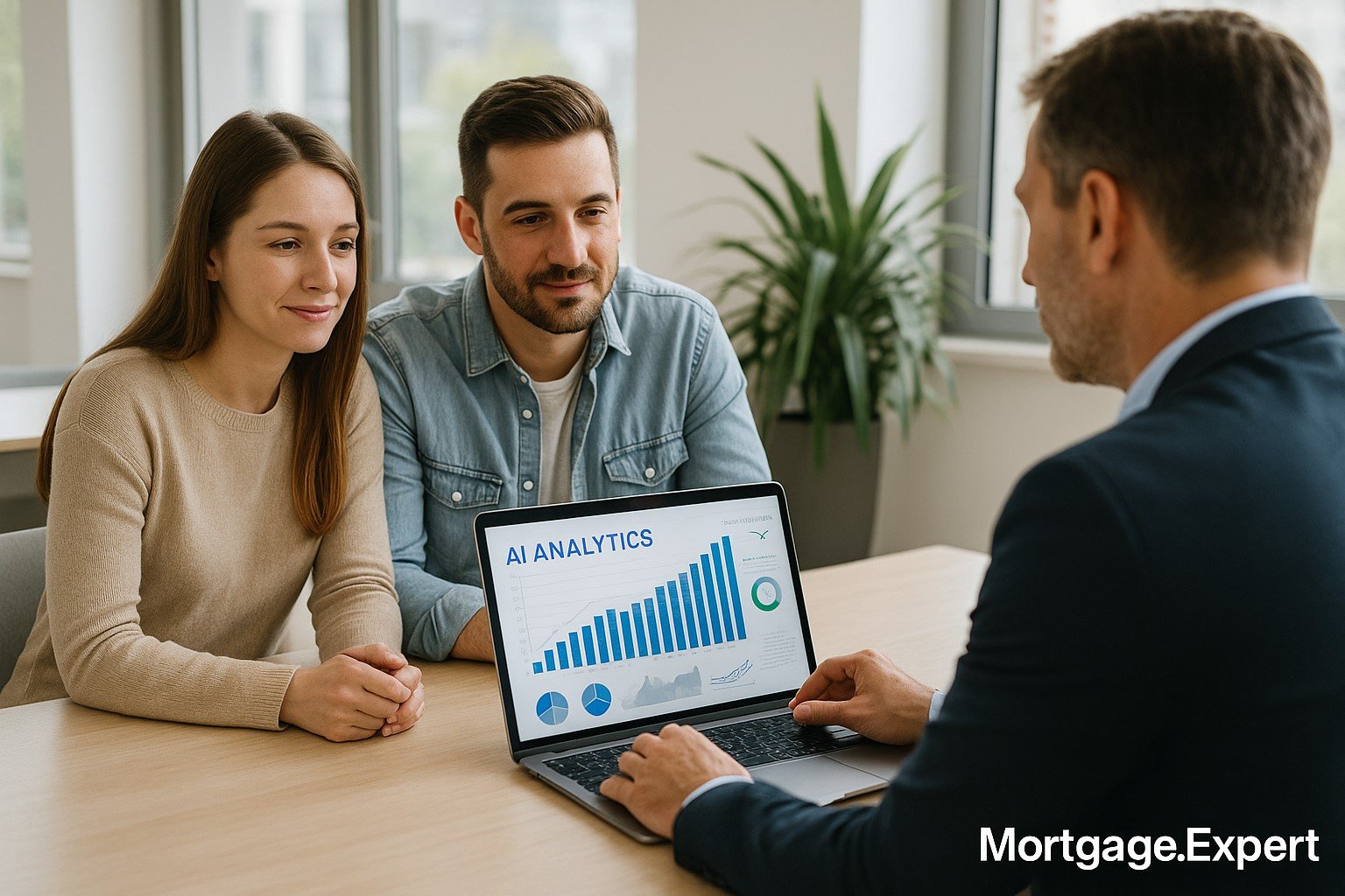 A Canadian couple meets with a mortgage advisor in a modern office. The advisor’s laptop shows AI-driven analytics and rising mortgage graphs.