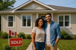 Newcomer family standing outside their new Canadian home symbolizing successful mortgage approval