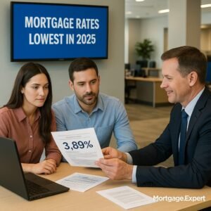 Canadian couple reviewing mortgage options with an advisor as rates hit their lowest point in 2025.