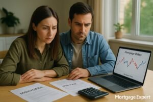Canadian couple reviewing mortgage documents with fluctuating mortgage rate chart on laptop.