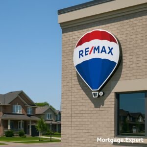 Close-up of a RE/MAX real estate office building in Ontario with the balloon logo sign visible, suburban houses in the background under a clear