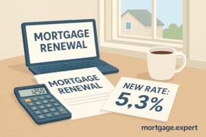 A desktop scene showing a mortgage renewal notice beside a calculator and a document labeled “New Rate: 5.3%”, with a coffee mug and soft window light in the background; watermark of mortgage.expert at the bottom right.