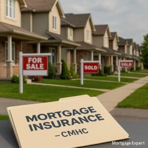 Canadian suburban homes with For Sale and Sold signs, symbolizing a cooling housing market and rising mortgage insurance demand in 2025.