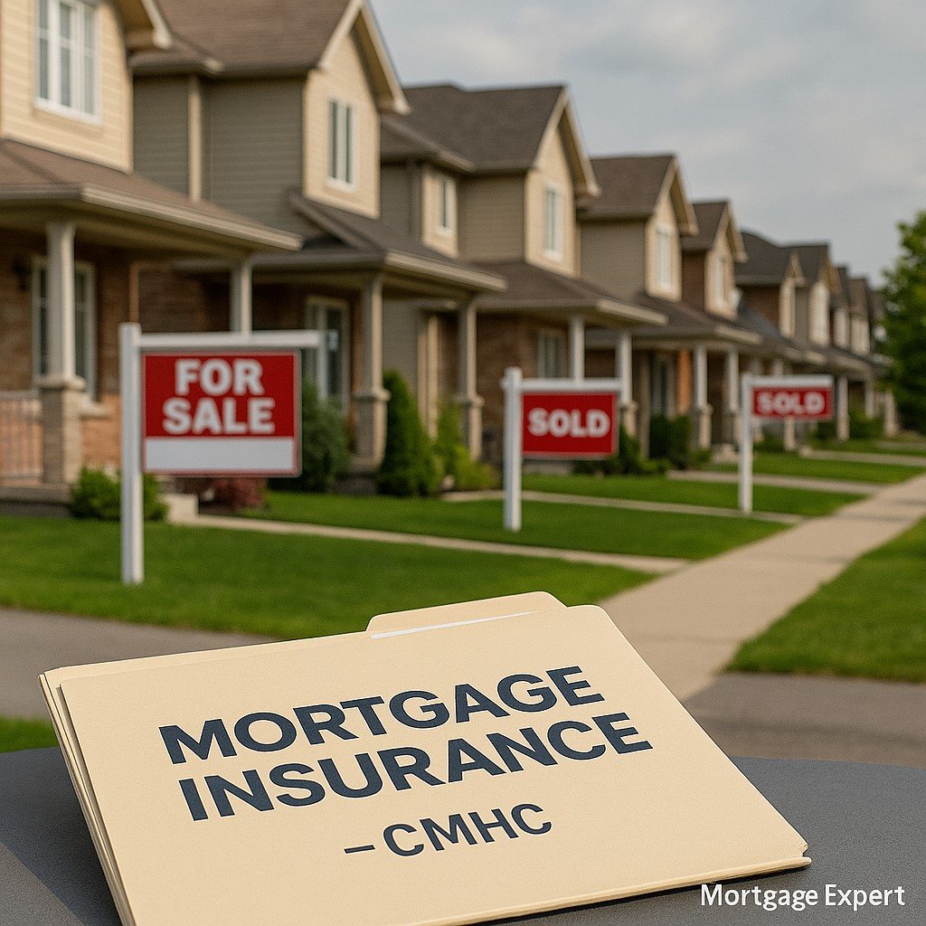 Canadian suburban homes with For Sale and Sold signs, symbolizing a cooling housing market and rising mortgage insurance demand in 2025.