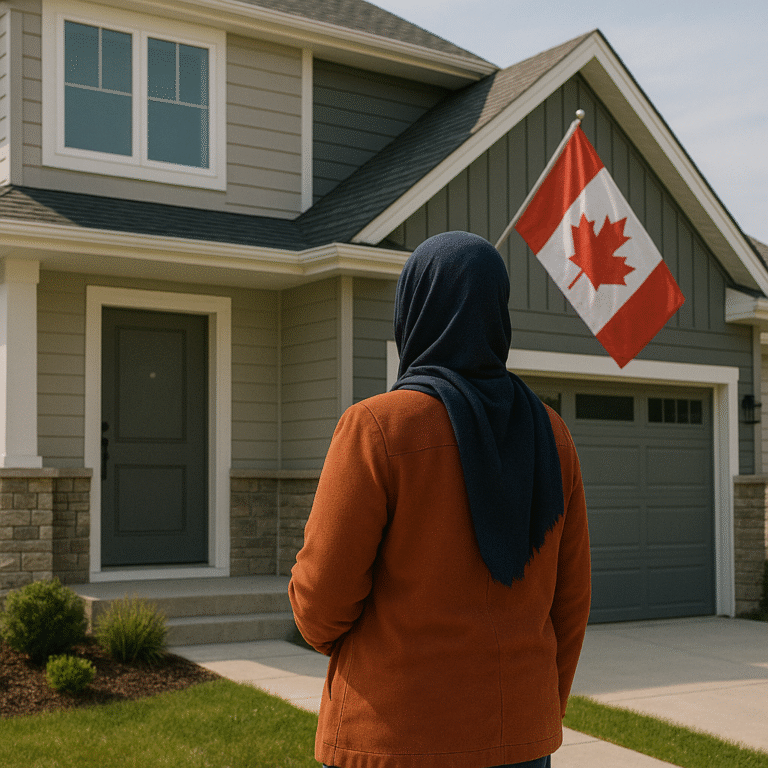 "Diverse refugee or protected person standing outside modern Canadian home with Canadian flag, symbolizing new beginnings. mortgage.expert watermark."