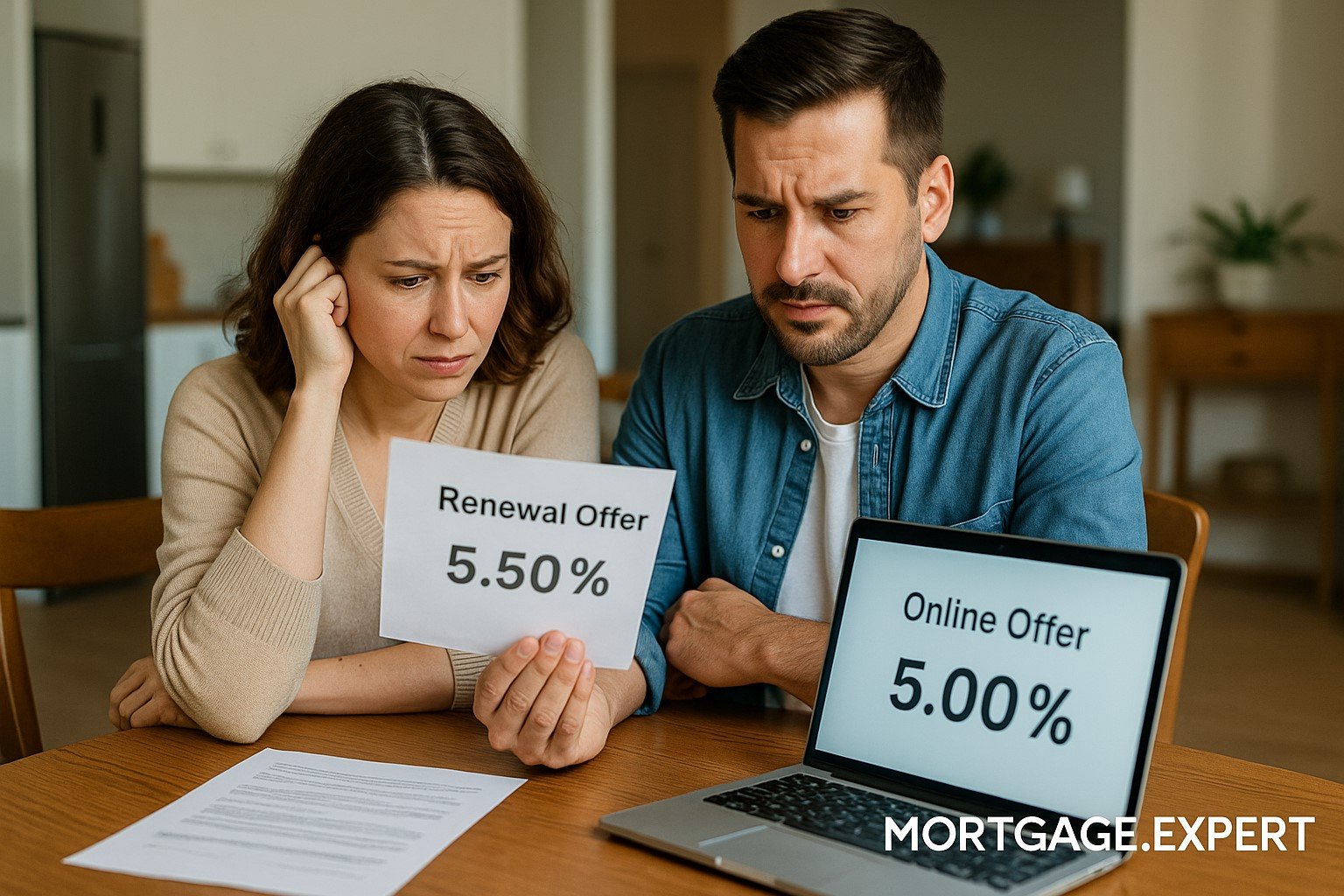 Couple comparing mortgage renewal offer with lower online rate on laptop at dining table