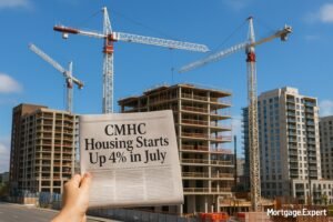 Construction site with cranes and residential housing projects reflecting rising Canadian housing starts.