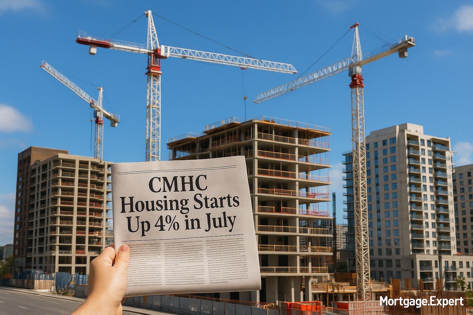 Construction site with cranes and residential housing projects reflecting rising Canadian housing starts.