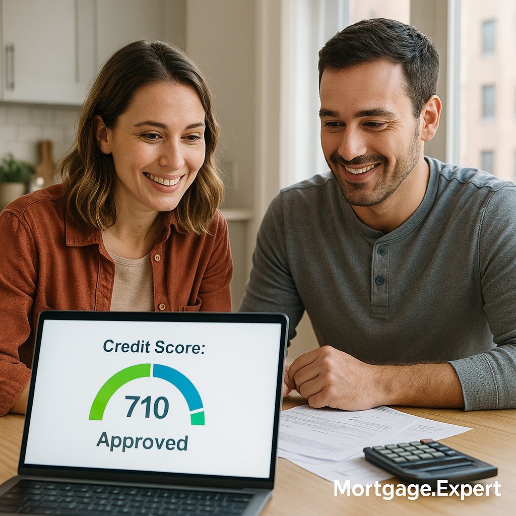 Canadian couple reviewing credit score approval on laptop while planning for a mortgage at home