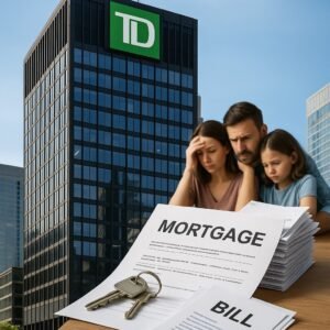 TD Bank headquarters in Toronto with symbolic mortgage stress elements, reflecting rising delinquency rates in 2025.