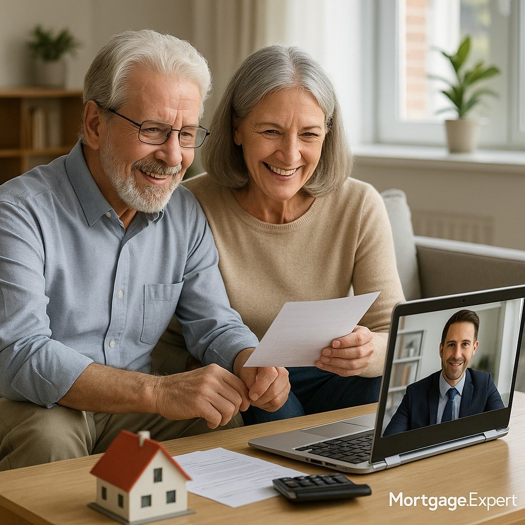 Retired Canadian couple reviewing home equity options for retirement with an advisor via video call.