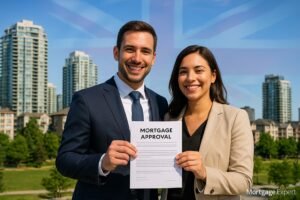 "Canadian couple with mortgage approval letter against modern city backdrop, British flag motif, Mortgage.Expert watermark."