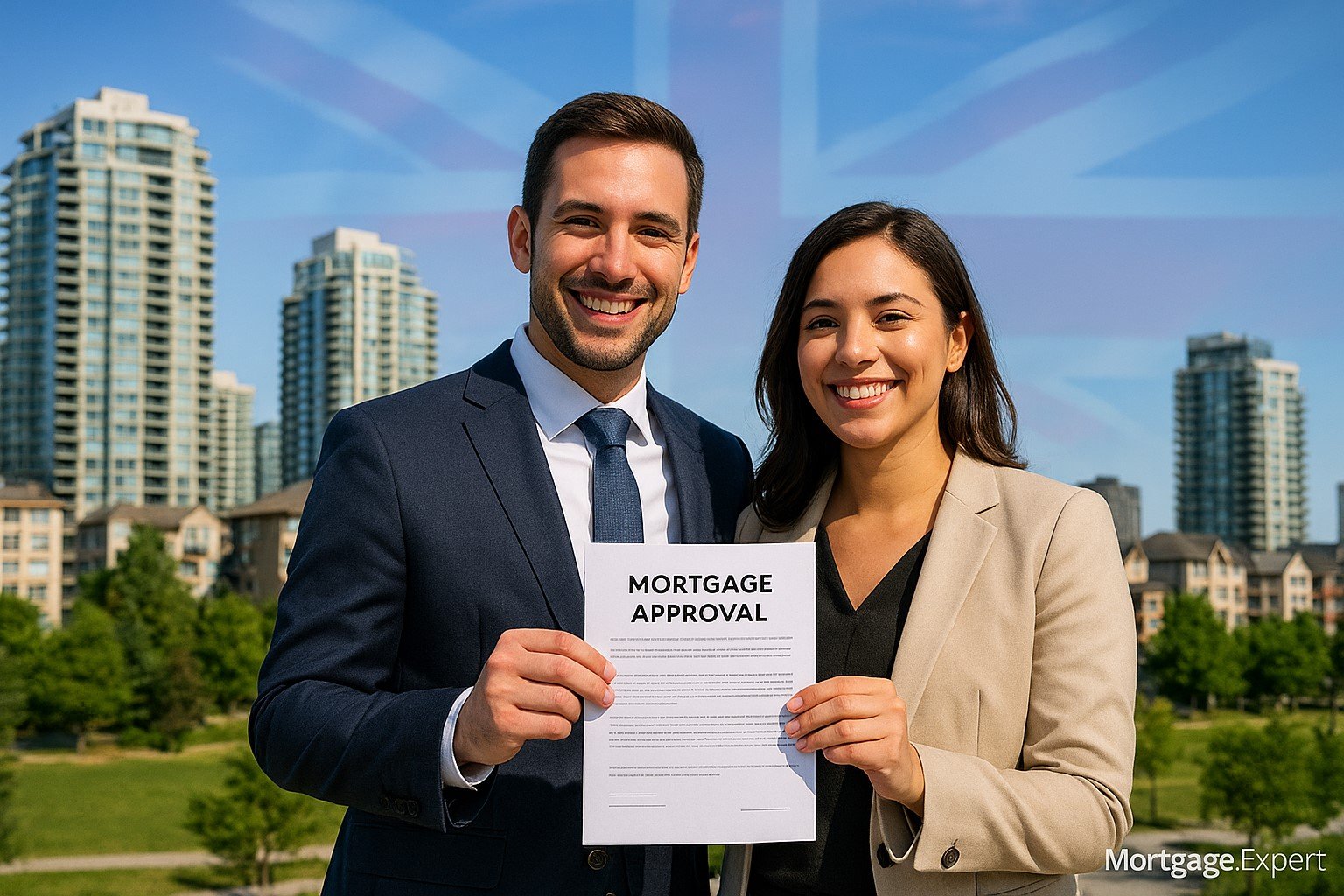"Canadian couple with mortgage approval letter against modern city backdrop, British flag motif, Mortgage.Expert watermark."