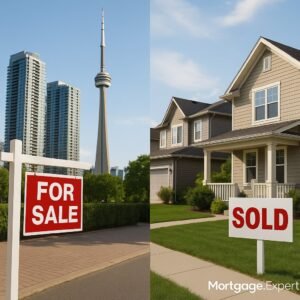 Split image of Toronto condos with For Sale sign and Saskatchewan suburban homes with Sold sign, showing Canada’s regional housing divergence in 2025.