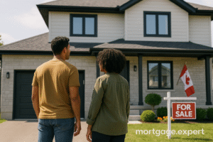 Young diverse couple standing outside modern Canadian home with "For Sale" sign, sunny day, mortgage.expert watermark.