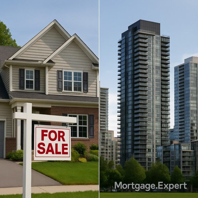 Composite image showing a suburban Canadian home with a “For Sale” sign on the left and an urban condo skyline on the right, captured in daylight with no people, clean and realistic, featuring a semi-transparent “Mortgage.Expert” watermark at the bottom-right.