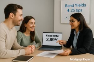 A Canadian couple reviews mortgage documents with an advisor, as a laptop shows “Fixed Rate 3.89%” and a chart highlights falling bond yields.