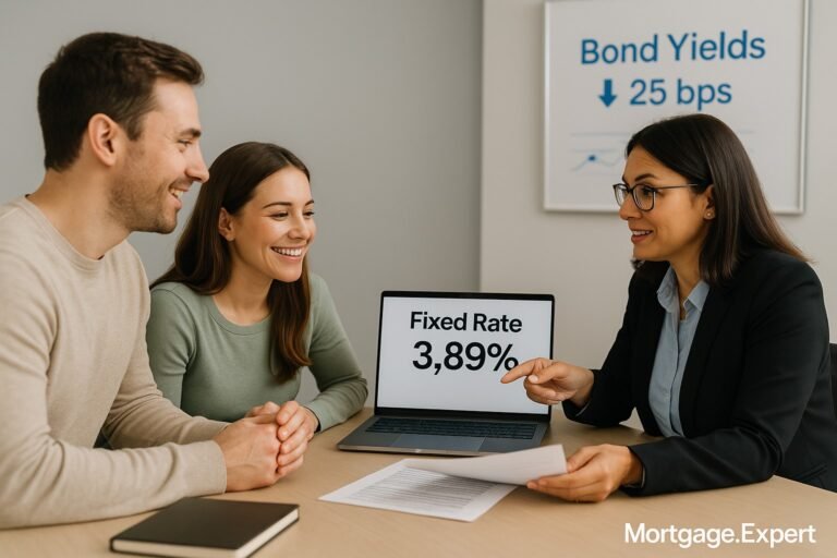 A Canadian couple reviews mortgage documents with an advisor, as a laptop shows “Fixed Rate 3.89%” and a chart highlights falling bond yields.