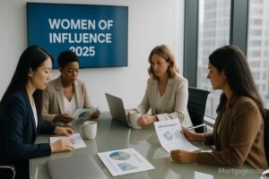 Diverse group of women mortgage professionals collaborating in a modern office