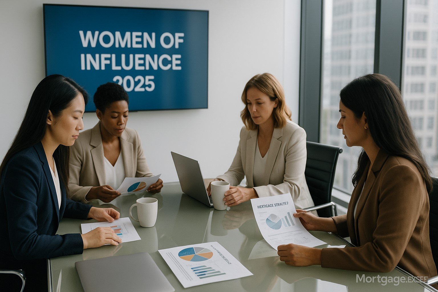 Diverse group of women mortgage professionals collaborating in a modern office