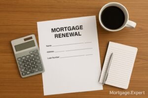 Mortgage renewal documents with calculator and coffee mug on wooden desk