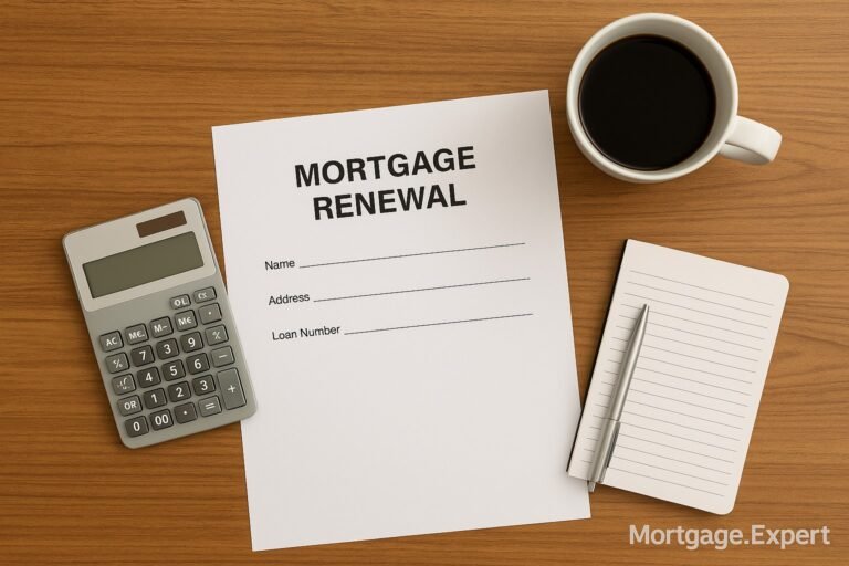 Mortgage renewal documents with calculator and coffee mug on wooden desk