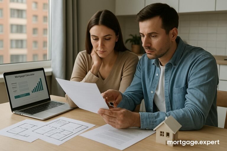 Young Canadian couple reviewing mortgage documents with a laptop showing CMHC affordability calculator.