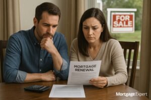 Canadian couple reviewing mortgage renewal documents at home while a “For Sale” sign is visible outside, symbolizing housing recovery and rate cut uncertainty.