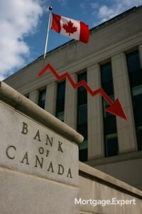 Bank of Canada headquarters in Ottawa with Canadian flag, symbolizing GDP contraction and impact on mortgage rates in 2025.