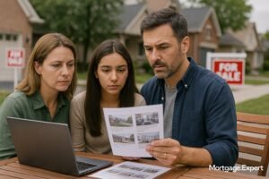 A Canadian couple sits with a mortgage advisor in a bright office, reviewing pre-construction condo closing paperwork marked “Closing June 2025,” symbolizing rising mortgage originations despite weak housing demand.