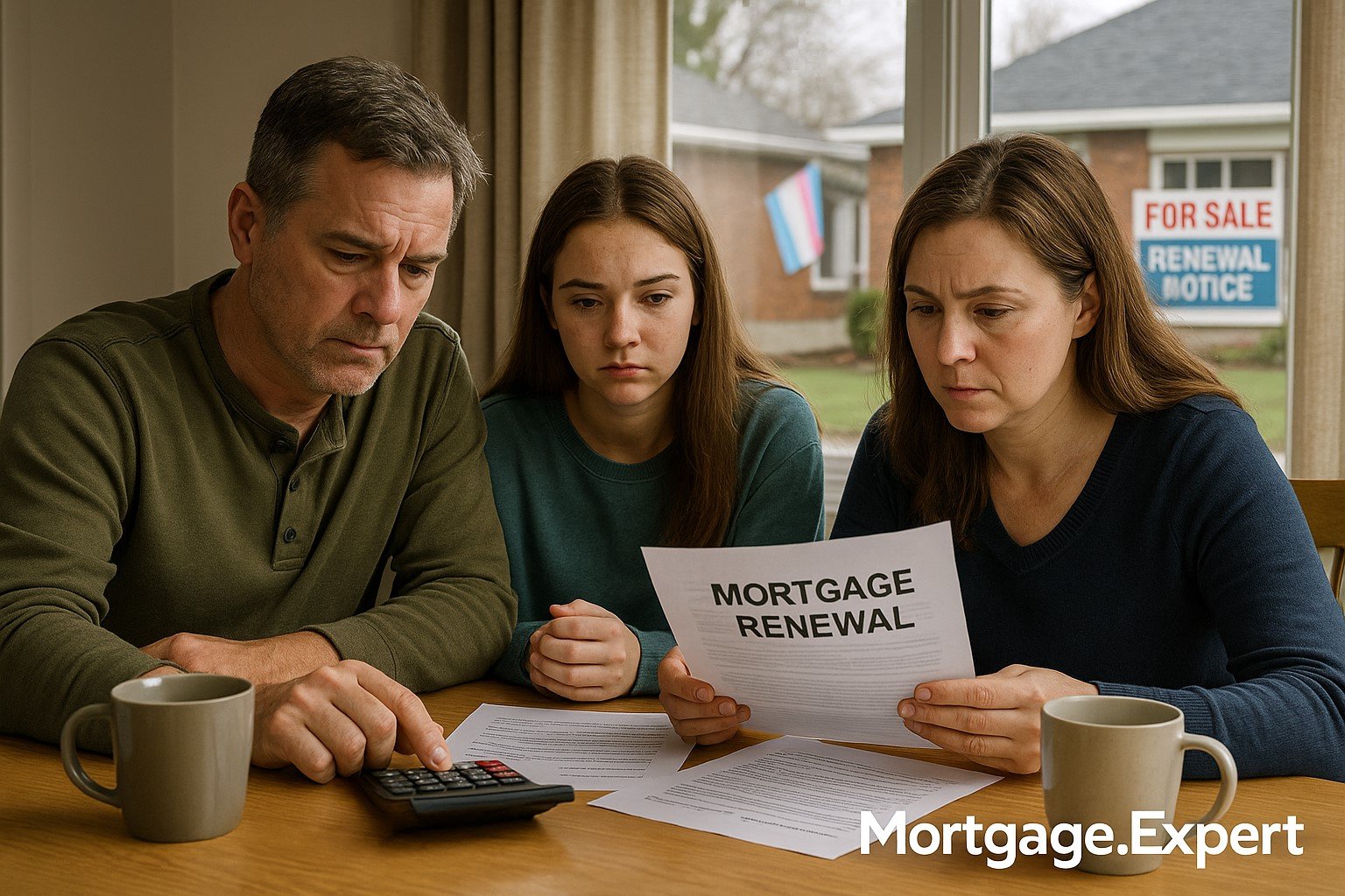 “Canadian family reviewing mortgage renewal documents at their kitchen table as interest rates remain high in 2025.”
