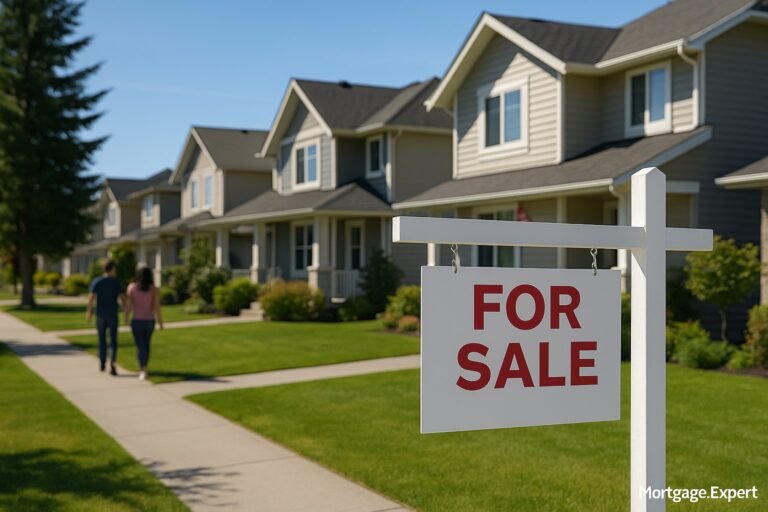 Canadian suburban neighborhood with a “For Sale” sign in front of a home, symbolizing cautious optimism in the housing market.