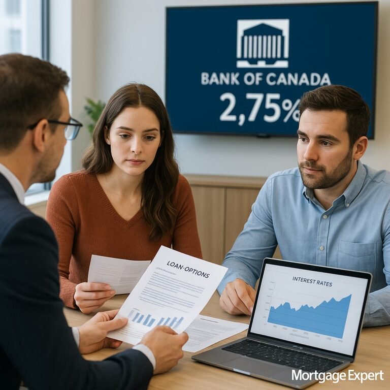 Canadian couple discussing mortgage options with an advisor as the Bank of Canada holds rates at 2.75%.
