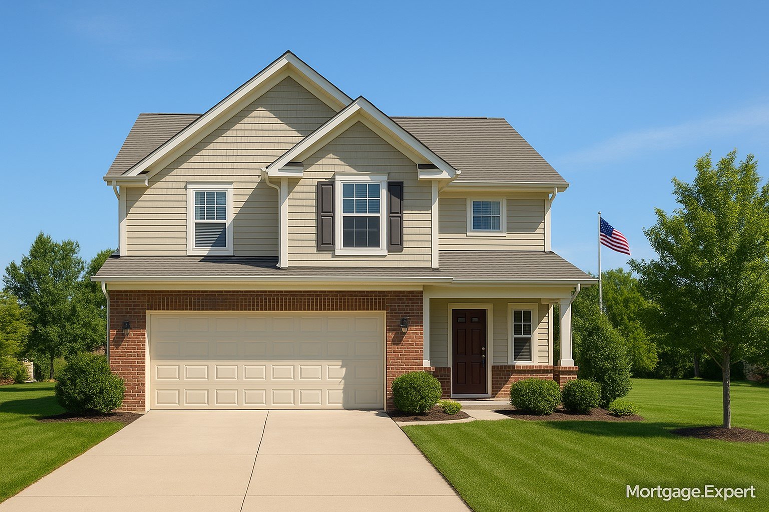 "Canadian home with subtle U.S. connection representing mortgage rate trends, summer scene, Mortgage.Expert watermark."